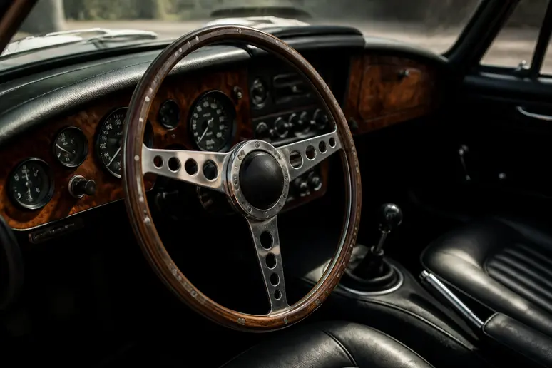 Intérieur et volant en bois d'une jaguar xk8 d'occasion montrant l'état de la finition et des commandes