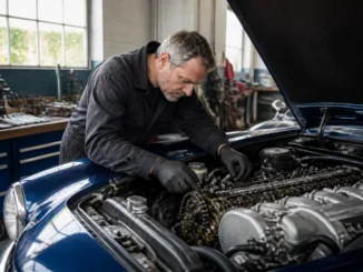 un mecanicien inspecte le compartiment moteur d une jaguar xk8 occasion dans un atelier