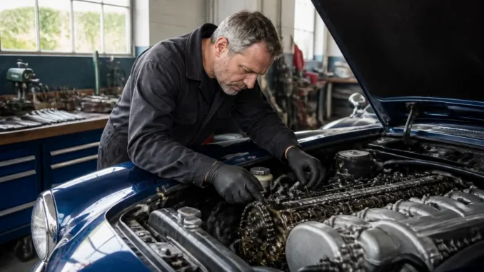 un mecanicien inspecte le compartiment moteur d une jaguar xk8 occasion dans un atelier