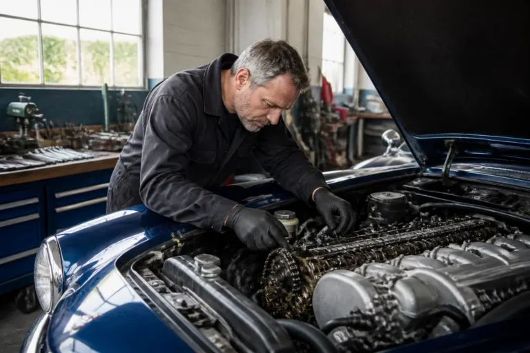 un mecanicien inspecte le compartiment moteur d une jaguar xk8 occasion dans un atelier