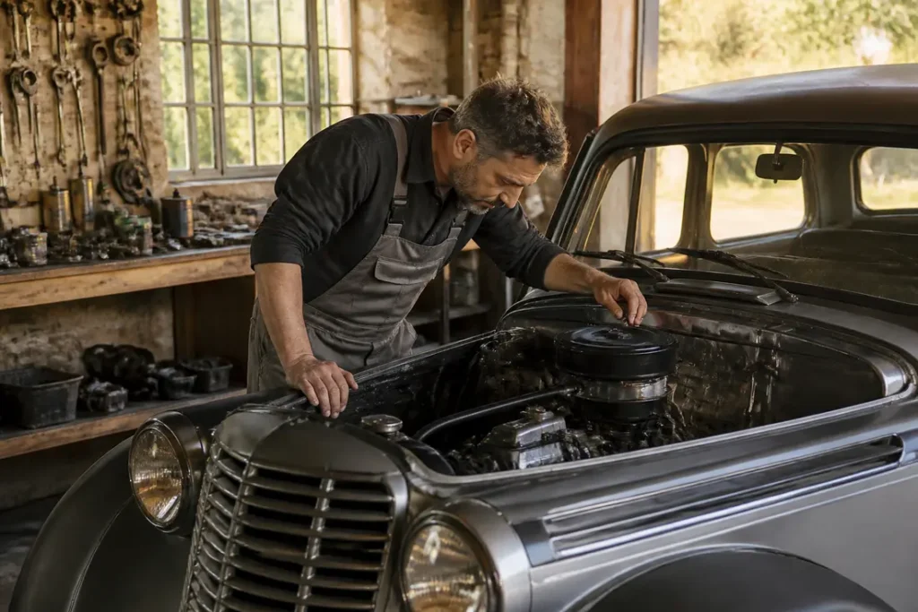 Un mécanicien examine le moteur d'une juvaquatre ancienne dans un atelier de restauration automobile