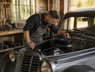 Un mécanicien examine le moteur d'une juvaquatre ancienne dans un atelier de restauration automobile