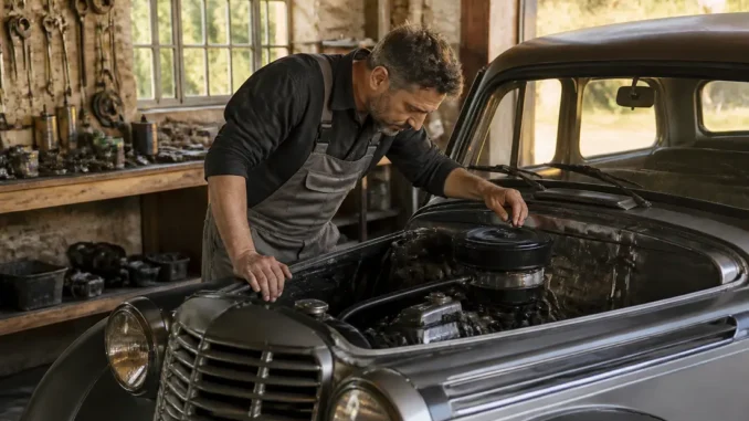 Un mécanicien examine le moteur d'une juvaquatre ancienne dans un atelier de restauration automobile