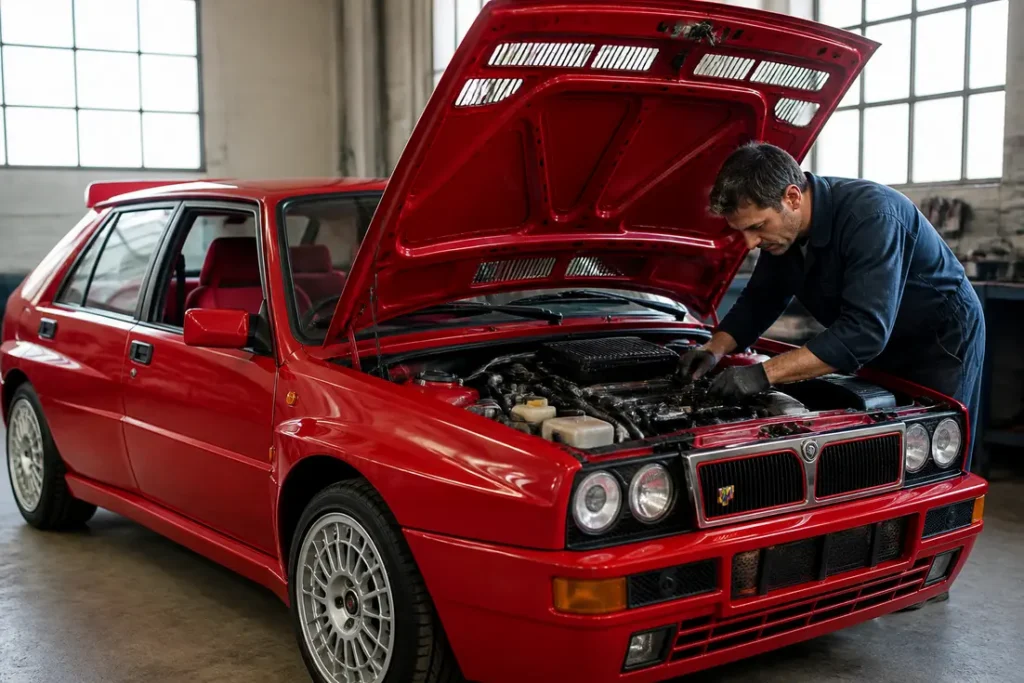 Un mécanicien inspecte le compartiment moteur d'une lancia delta integrale evo 2 dans un garage lumineux