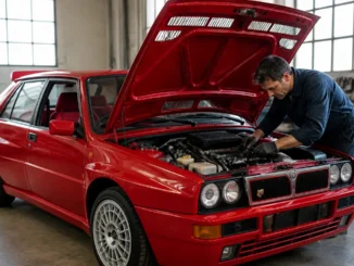 Un mécanicien inspecte le compartiment moteur d'une lancia delta integrale evo 2 dans un garage lumineux
