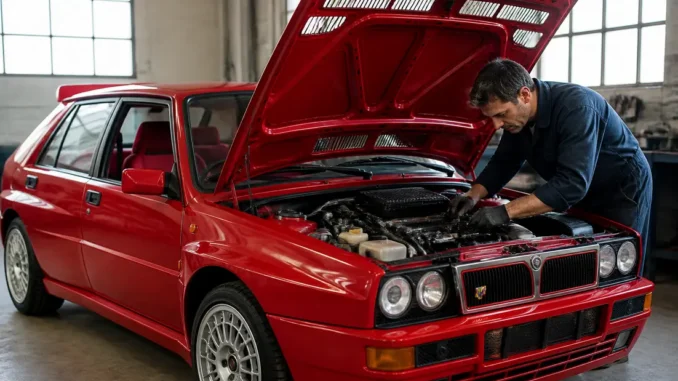 Un mécanicien inspecte le compartiment moteur d'une lancia delta integrale evo 2 dans un garage lumineux