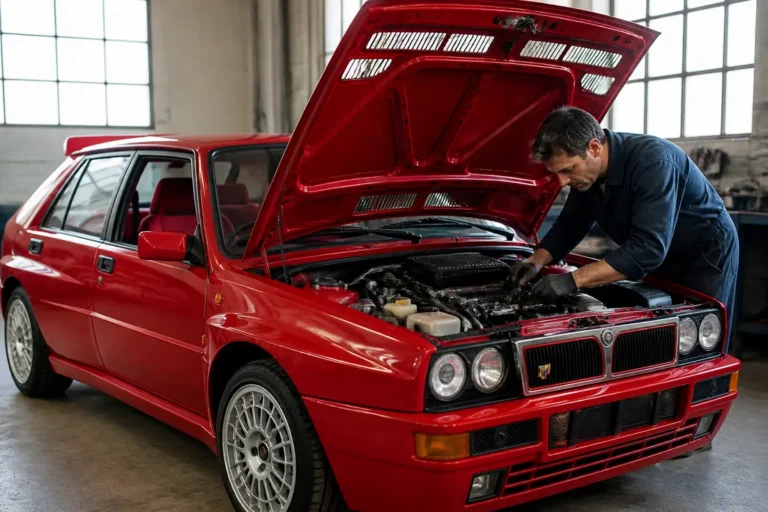 Un mécanicien inspecte le compartiment moteur d'une lancia delta integrale evo 2 dans un garage lumineux