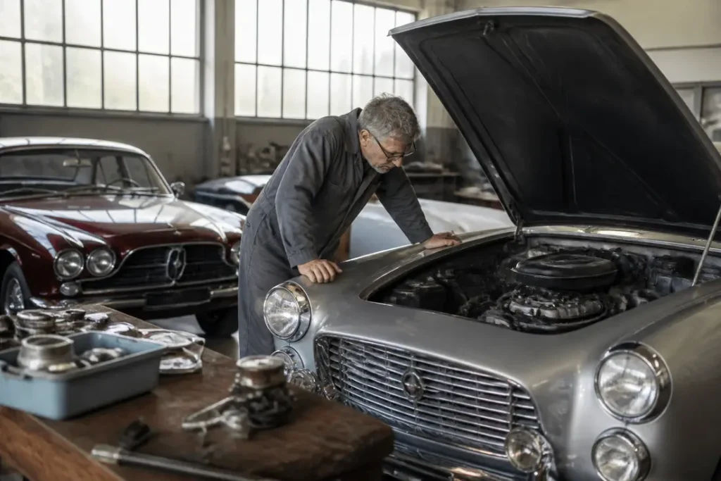Un mécanicien examine le compartiment moteur d'une lancia flaminia dans un atelier de restauration.
