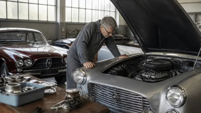 Un mécanicien examine le compartiment moteur d'une lancia flaminia dans un atelier de restauration.