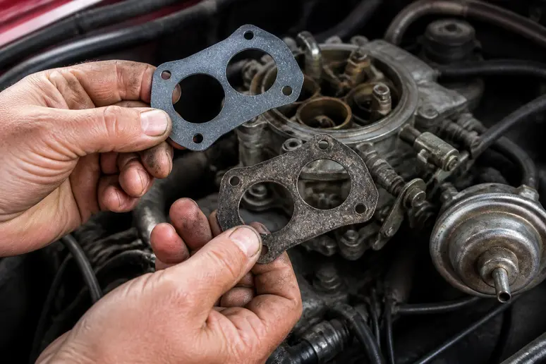Comparaison minutieuse d'un ancien joint de carburateur usé avec une pièce neuve avant le remontage