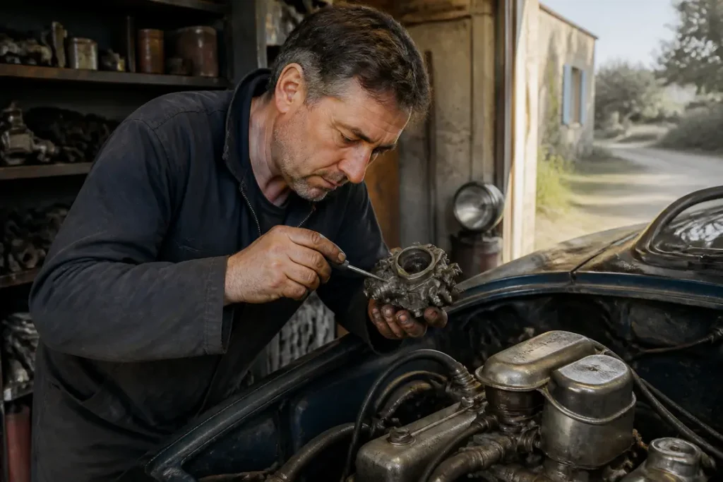 Un mécanicien examine une pièce mécanique de collection dans un atelier spécialisé moss france