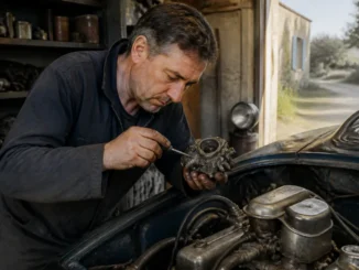 Un mécanicien examine une pièce mécanique de collection dans un atelier spécialisé moss france