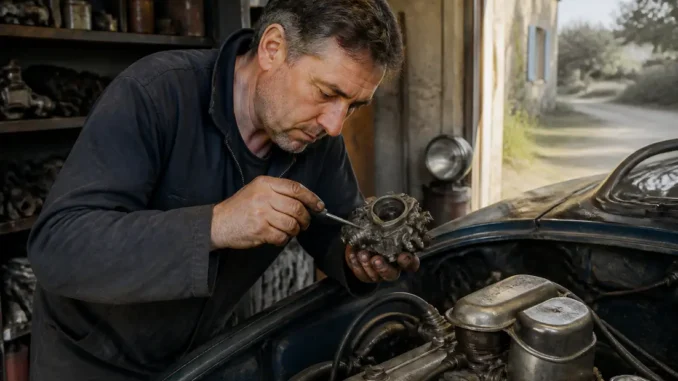 Un mécanicien examine une pièce mécanique de collection dans un atelier spécialisé moss france