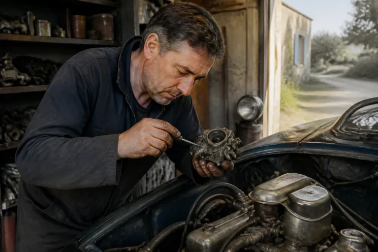 Un mécanicien examine une pièce mécanique de collection dans un atelier spécialisé moss france