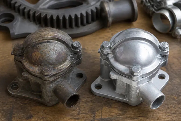 comparaison rapprochée entre une pièce d'origine et une refabrication pour piece 4cv sur un établi