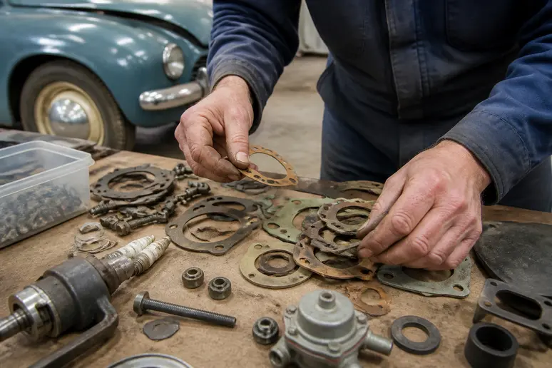 mains d'un mécanicien triant des pièces détachées pour la restauration d'une piece 4cv ancienne