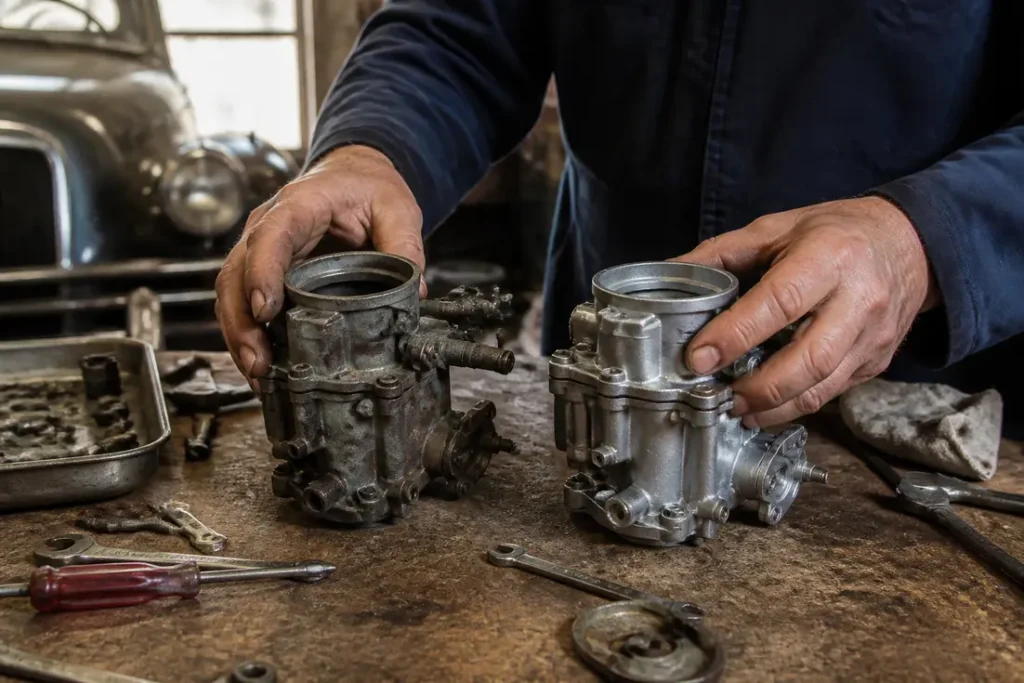 Comparaison entre une ancienne piece 4cv d origine et une refabrication sur un établi d atelier