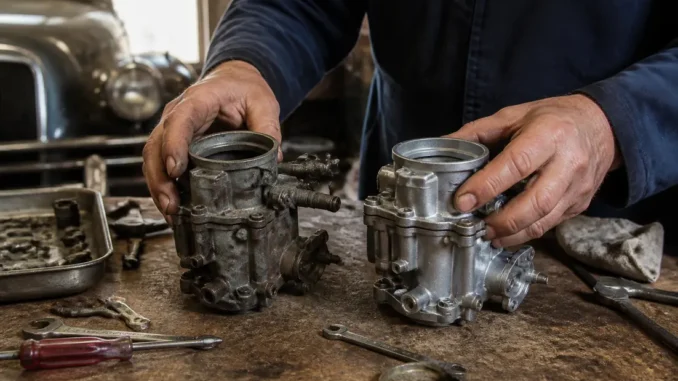 Comparaison entre une ancienne piece 4cv d origine et une refabrication sur un établi d atelier