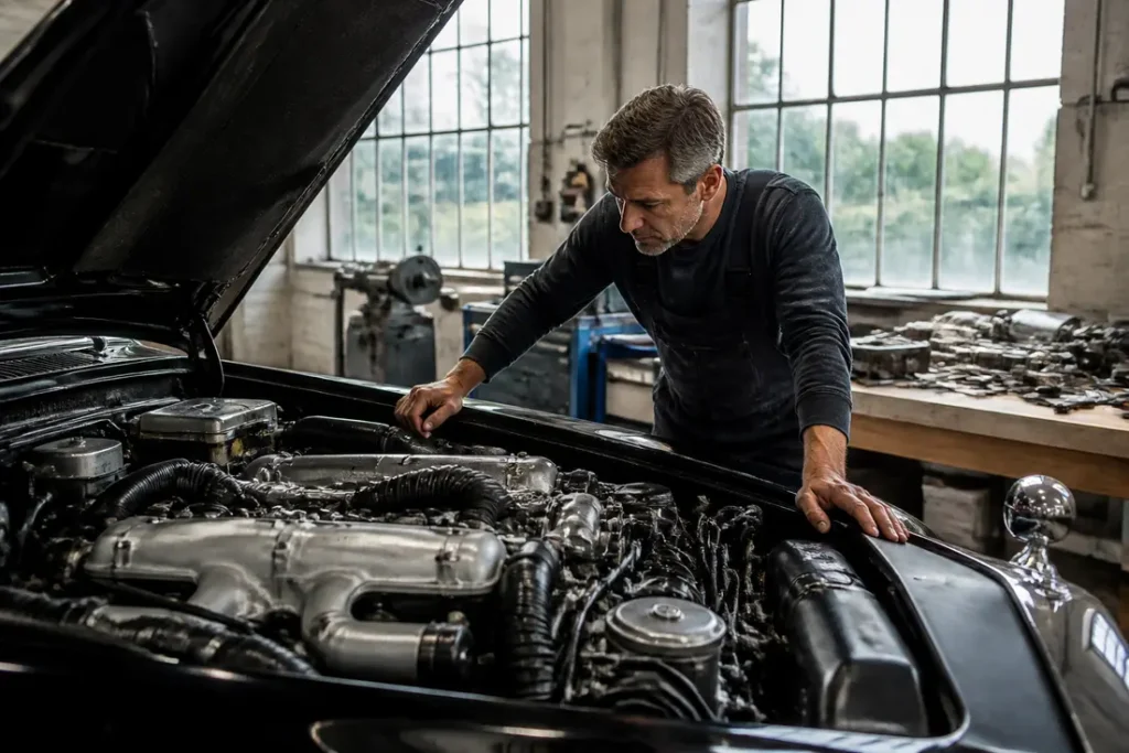 Un mecanicien inspecte le puissant moteur d une rolls royce phantom dans un atelier de restauration
