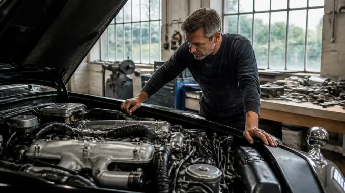 Un mecanicien inspecte le puissant moteur d une rolls royce phantom dans un atelier de restauration