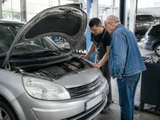 Un mécanicien examine le moteur ouvert d'un scenic 2 dans un atelier de réparation automobile