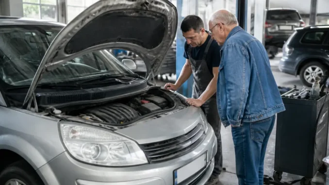 Un mécanicien examine le moteur ouvert d'un scenic 2 dans un atelier de réparation automobile
