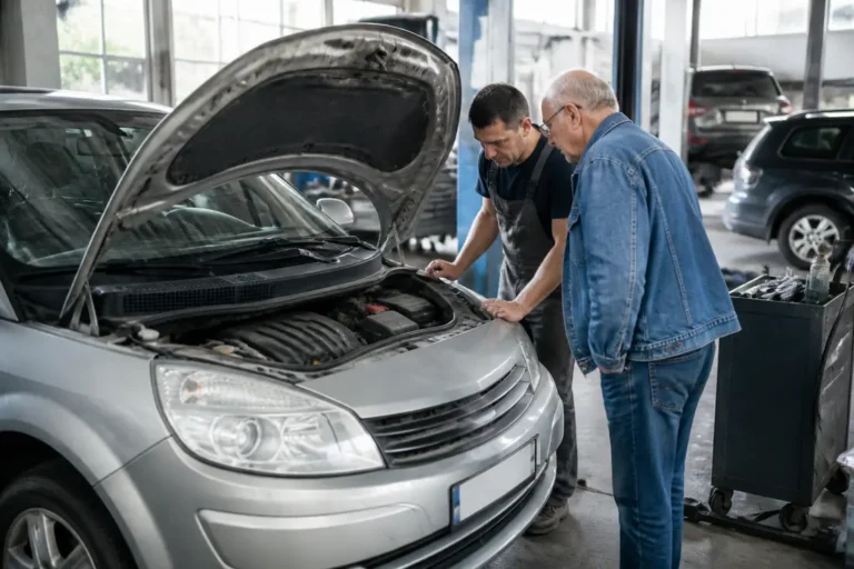 Un mécanicien examine le moteur ouvert d'un scenic 2 dans un atelier de réparation automobile