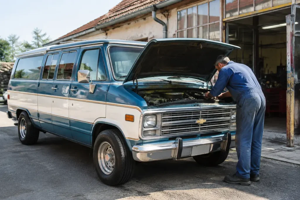 Un van americain occasion garé devant un atelier de mécanique avec un mécanicien inspectant le moteur