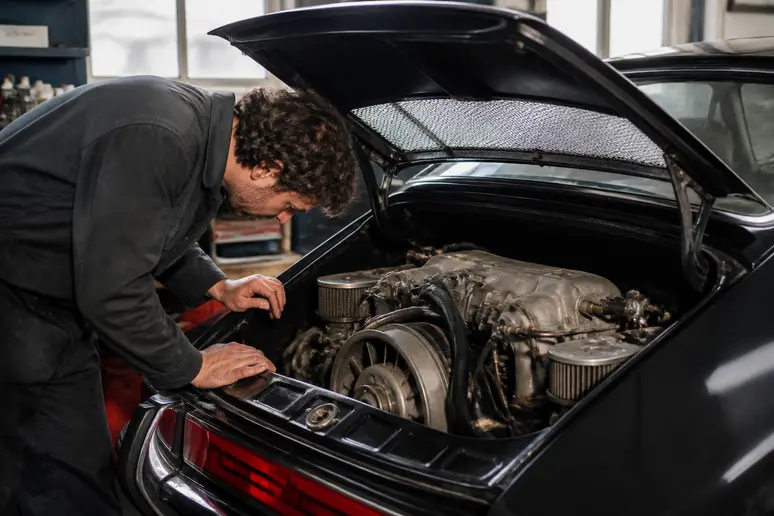 Mécanicien inspectant le compartiment moteur d'une Venturi d'occasion en atelier