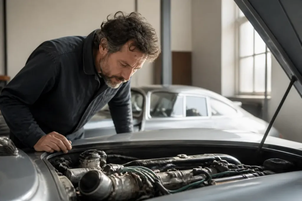 Un mécanicien examine le moteur d'une venturi occasion dans un garage spécialisé de collection.