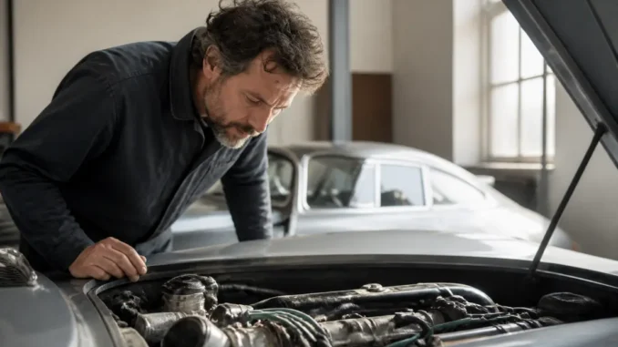 Un mécanicien examine le moteur d'une venturi occasion dans un garage spécialisé de collection.