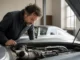 Un mécanicien examine le moteur d'une venturi occasion dans un garage spécialisé de collection.