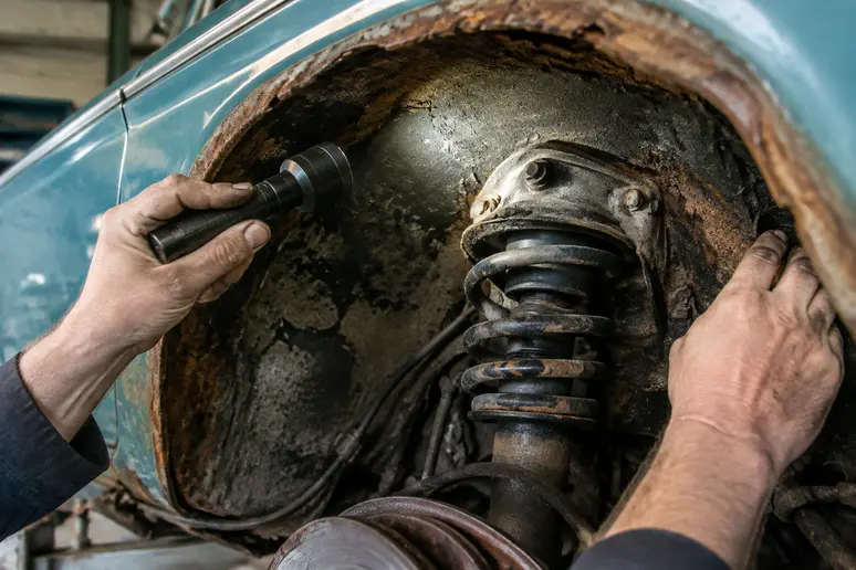 Inspection minutieuse de la corrosion sur le passage de roue d'une visa chrono d'occasion