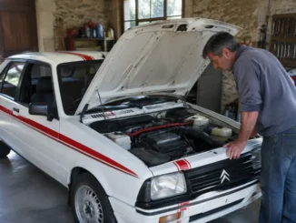 Un expert examine le moteur d'une voiture ancienne lors de l'évaluation d'une visa chrono occasion en atelier.