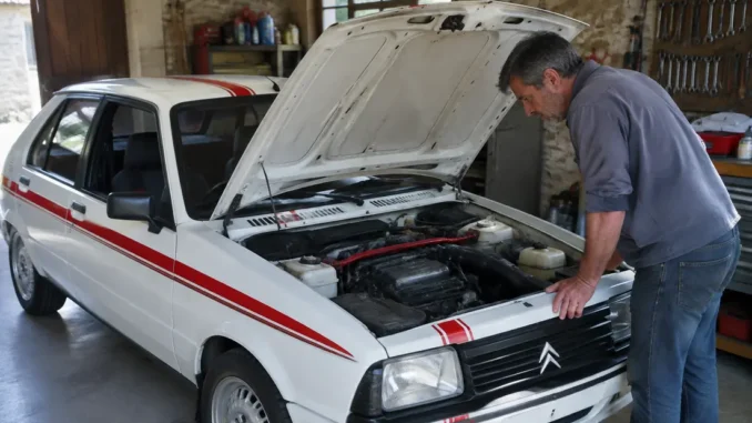 Un expert examine le moteur d'une voiture ancienne lors de l'évaluation d'une visa chrono occasion en atelier.