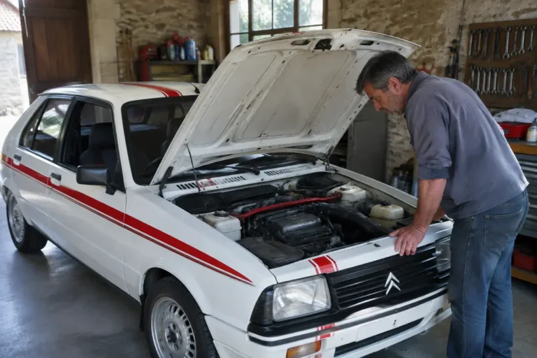 Un expert examine le moteur d'une voiture ancienne lors de l'évaluation d'une visa chrono occasion en atelier.