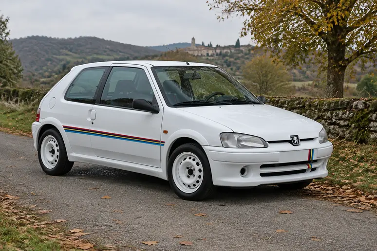 Peugeot 106 Rallye phase 2 stationnée sur une route de campagne pour estimer sa valeur