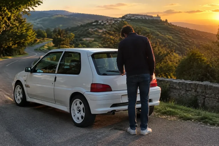 Une Peugeot 106 rallye phase 2 garée au bord d'une route de campagne au crépuscule