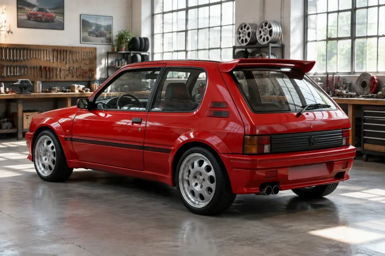 Une rare 205 gti gutmann stationnée dans un atelier mécanique spécialisé en voitures anciennes