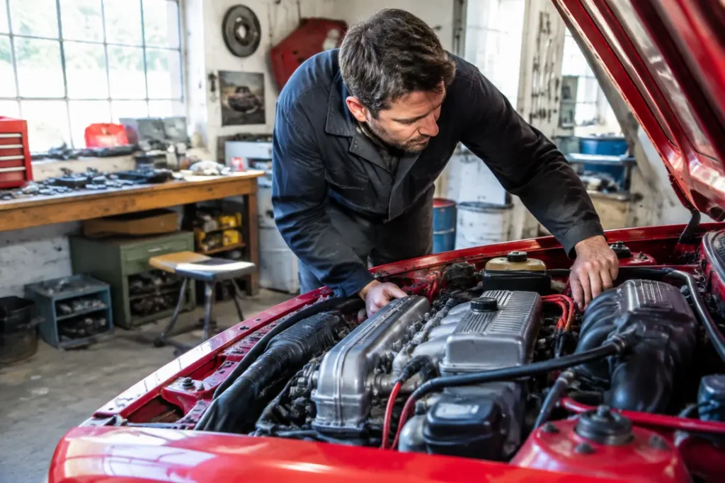 Un mécanicien examine le compartiment moteur d'une 309 gti 16 occasion dans un atelier spécialisé.