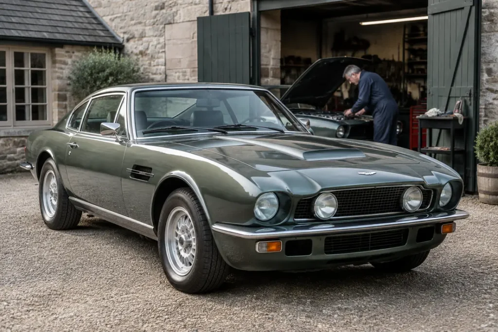 Un exemplaire rare d aston martin v8 vantage 1977 stationné dans la cour d un atelier de restauration automobile.