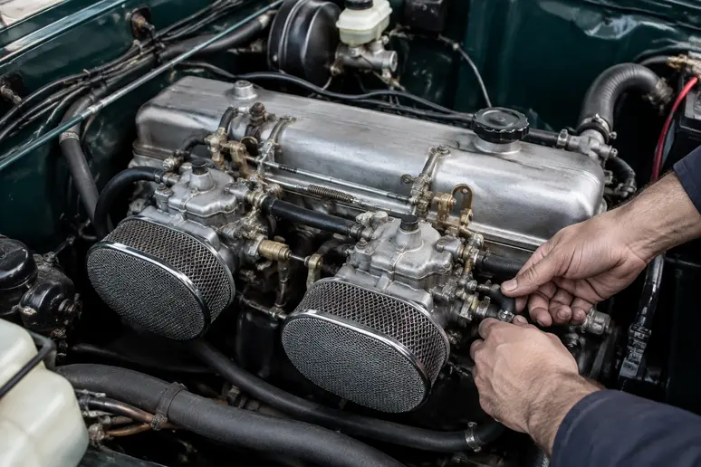 Vue rapprochée du carburateur double corps dans le compartiment moteur d'une caravelle voiture de collection.