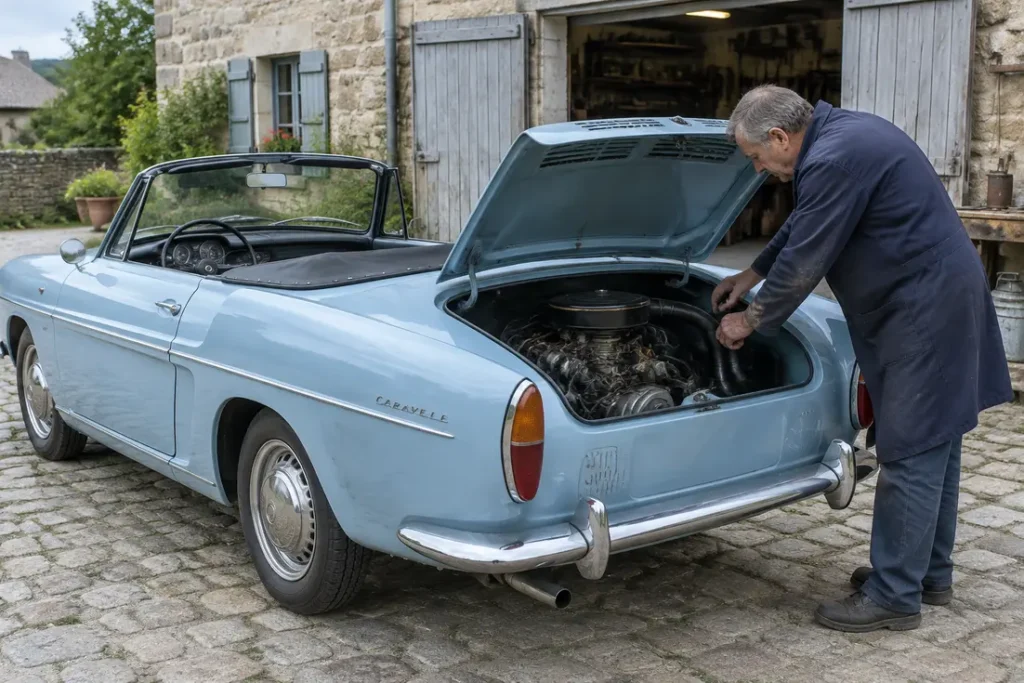 Un mécanicien examine le moteur classique d'une caravelle voiture décapotable garée devant un garage en pierre