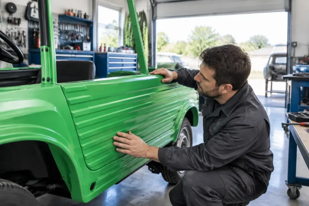 Un mécanicien examine de près une carrosserie mehari neuve dans un atelier lumineux.