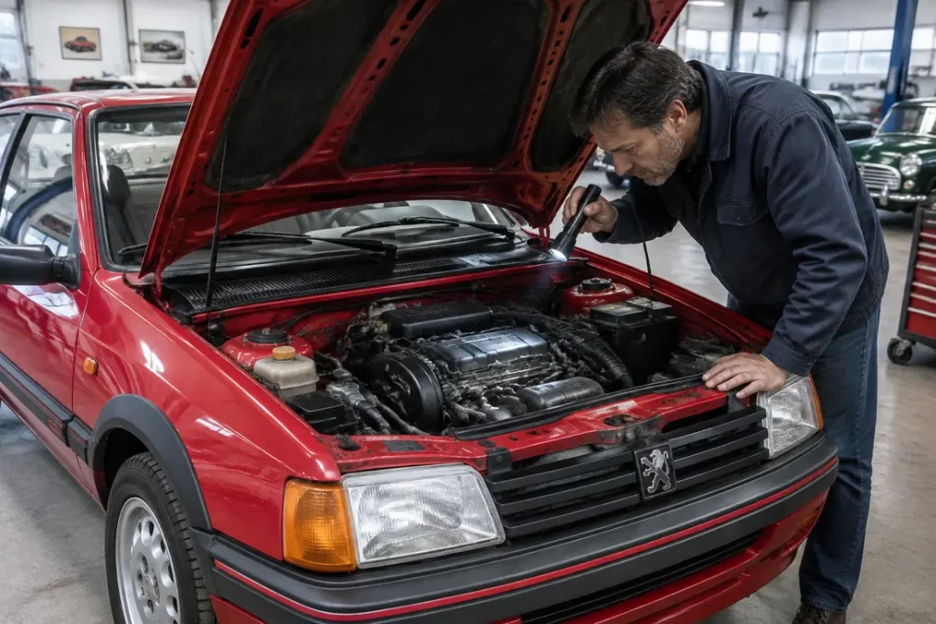 Examen minutieux du moteur d'une youngtimer pour évaluer la cote 205 gti sur le marché