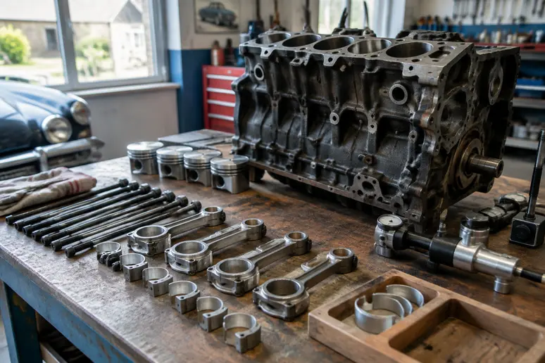 Pièces de rechange et outillage de précision posés sur un établi lors de la révision d'un moteur