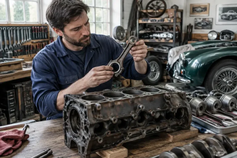 Mécanicien inspectant une pièce mécanique usée lors de la révision d'un moteur pour couler une bielle