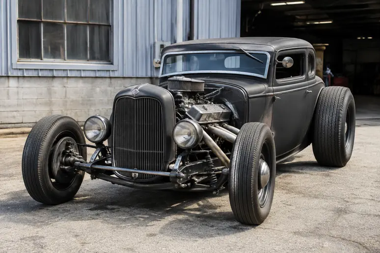 Châssis et suspension apparente d'un hot rod ancien stationné devant un atelier