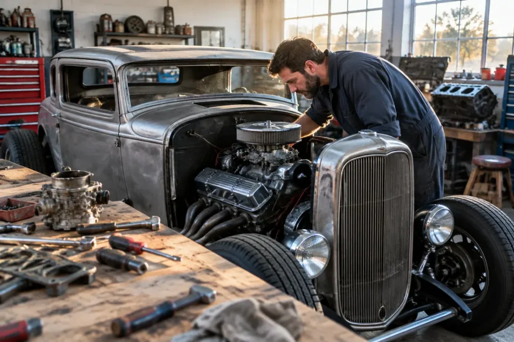 Un mécanicien inspecte le moteur d'un hot rod occasion en cours de restauration dans un atelier.