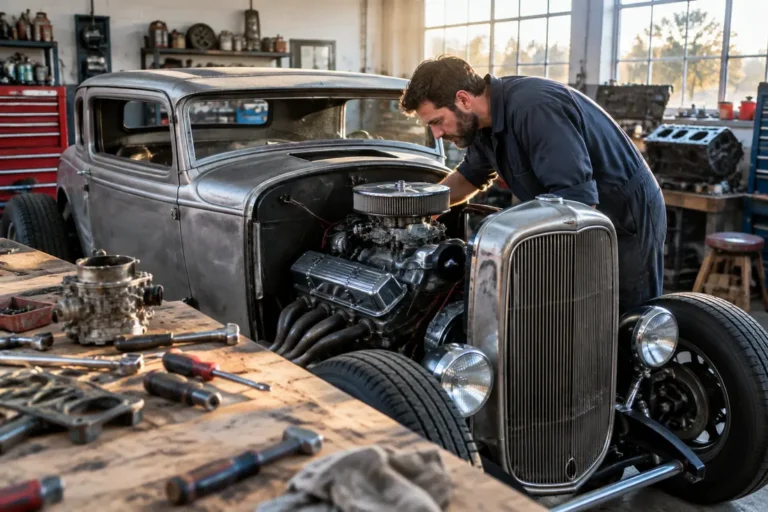 Un mécanicien inspecte le moteur d'un hot rod occasion en cours de restauration dans un atelier.